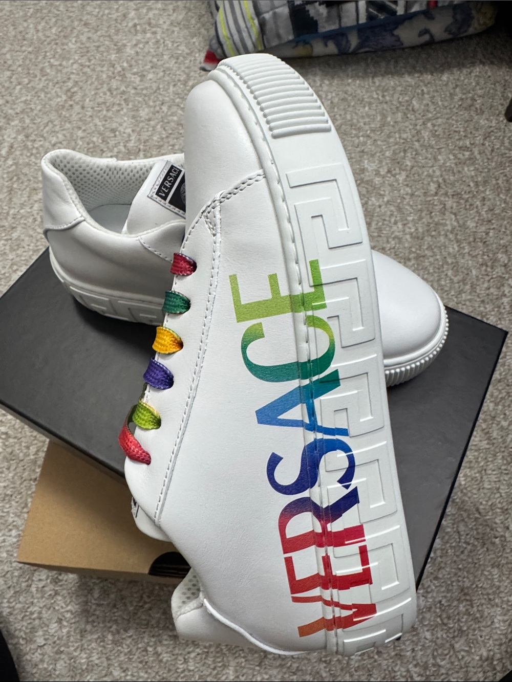 Versace Kids White Sneakers with Rainbow Logo and Lace Accents